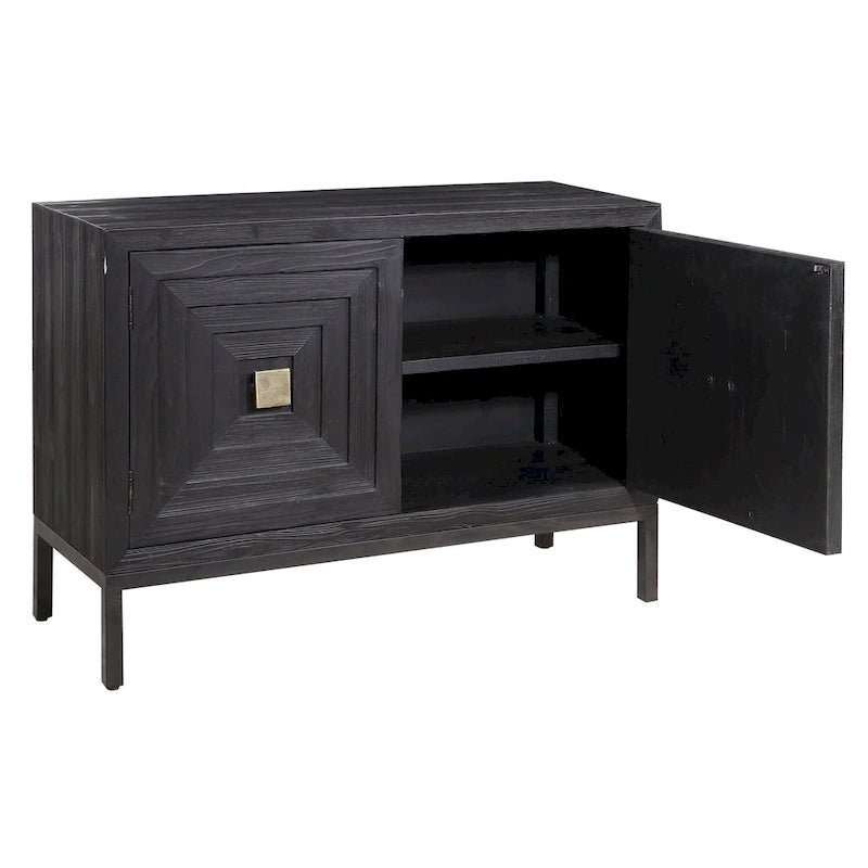 43" Dark Walnut 2 Door Cabinet - Geometric Fir Wood Sideboard - Brushed Brass Hardware - Contemporary Accent Storage - Ebony Stain
