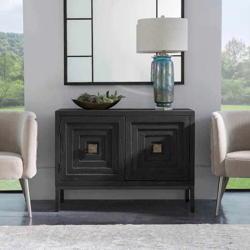 43" Dark Walnut 2 Door Cabinet - Geometric Fir Wood Sideboard - Brushed Brass Hardware - Contemporary Accent Storage - Ebony Stain
