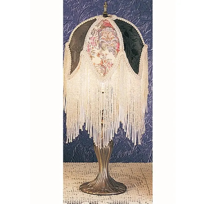 7" Fabric Shade Table Lamp with Ivory Beads Fleur de Lis Base 6" Harp Traditional Decorative Accent Lighting