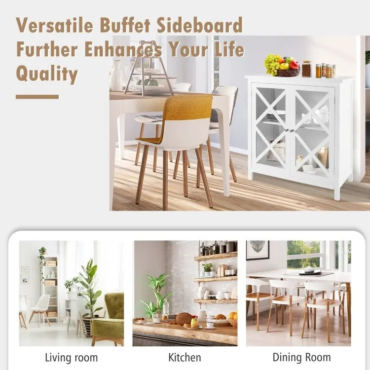 35.5" Buffet Cabinet with Tempered Glass Doors - Adjustable Shelves - 66 lbs Capacity - MDF Kitchen Storage - Anti-Tip Device