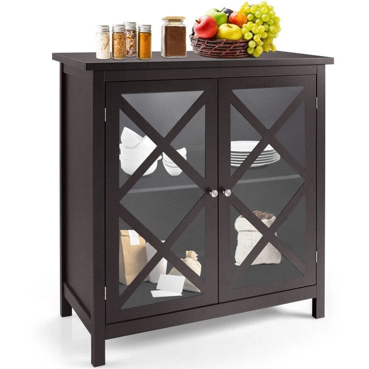 35.5" Buffet Cabinet with Tempered Glass Doors - Adjustable Shelves - 66 lbs Capacity - MDF Kitchen Storage - Anti-Tip Device
