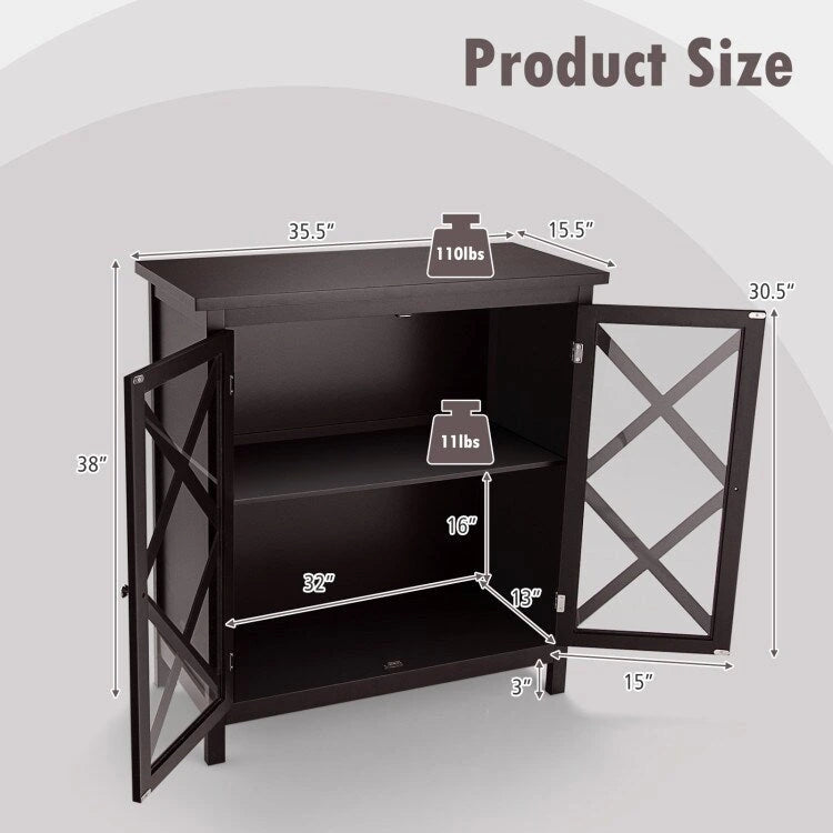 35.5" Buffet Cabinet with Tempered Glass Doors - Adjustable Shelves - 66 lbs Capacity - MDF Kitchen Storage - Anti-Tip Device