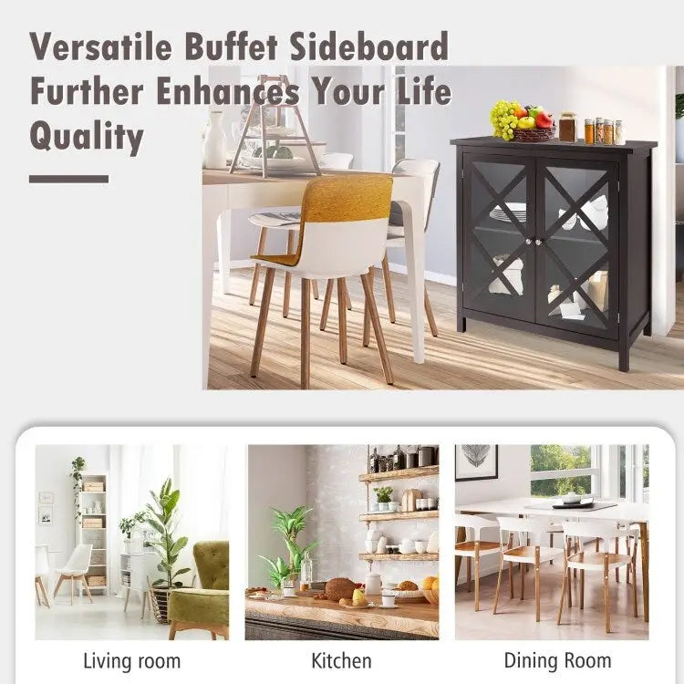 35.5" Buffet Cabinet with Tempered Glass Doors - Adjustable Shelves - 66 lbs Capacity - MDF Kitchen Storage - Anti-Tip Device