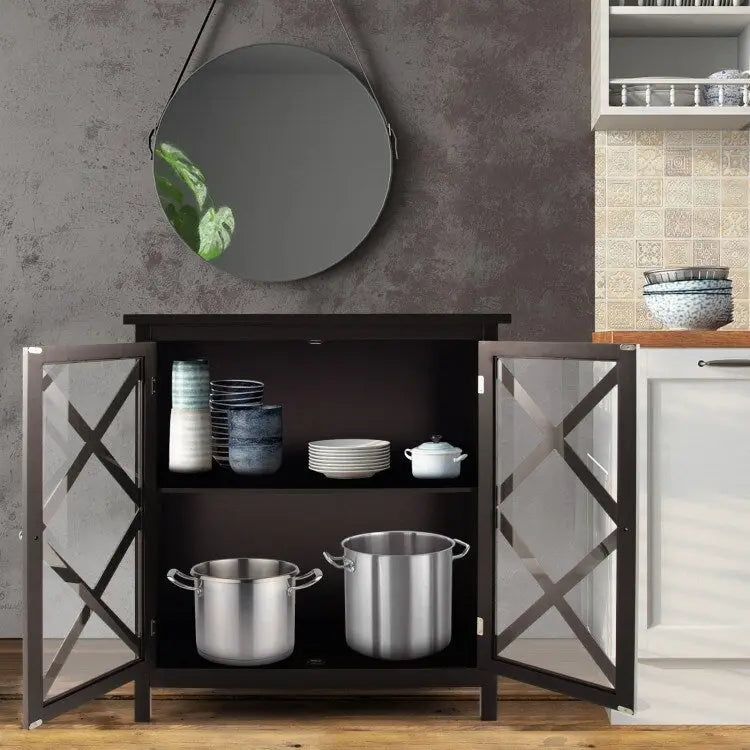 35.5" Buffet Cabinet with Tempered Glass Doors - Adjustable Shelves - 66 lbs Capacity - MDF Kitchen Storage - Anti-Tip Device