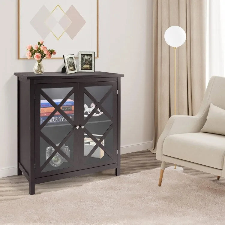 35.5" Buffet Cabinet with Tempered Glass Doors - Adjustable Shelves - 66 lbs Capacity - MDF Kitchen Storage - Anti-Tip Device