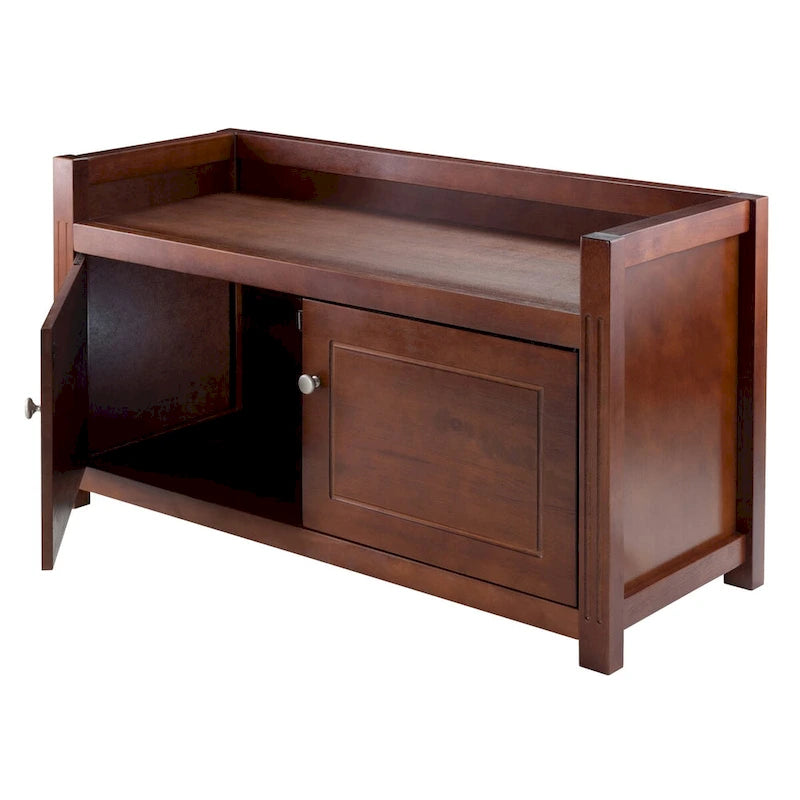Storage Bench with 2 Cabinets - 39.76" Walnut Wood Entryway Bench, Traditional Design Seat with Doors - Bedroom, Playroom Organizer