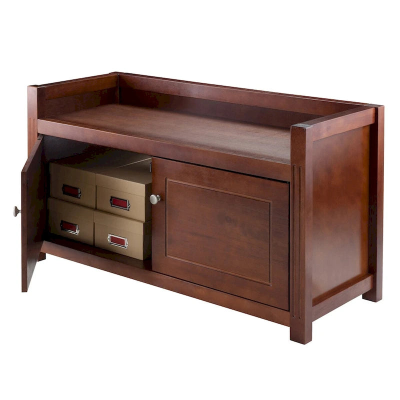 Storage Bench with 2 Cabinets - 39.76" Walnut Wood Entryway Bench, Traditional Design Seat with Doors - Bedroom, Playroom Organizer
