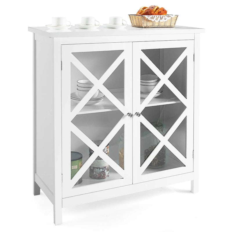 Kitchen Buffet Sideboard 35.5"L - Glass Doors, Adjustable Shelf, Anti-Toppling, White/Brown Storage Cabinet