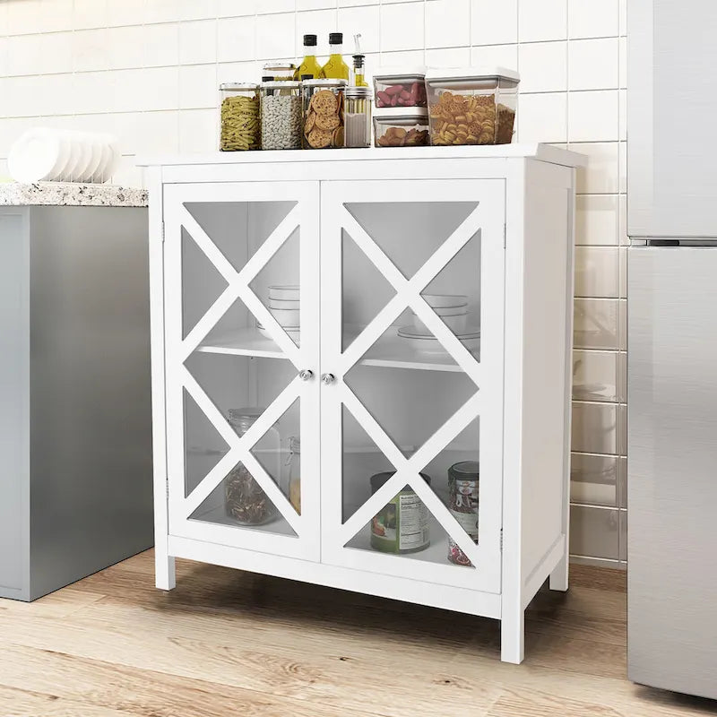 Kitchen Buffet Sideboard 35.5"L - Glass Doors, Adjustable Shelf, Anti-Toppling, White/Brown Storage Cabinet