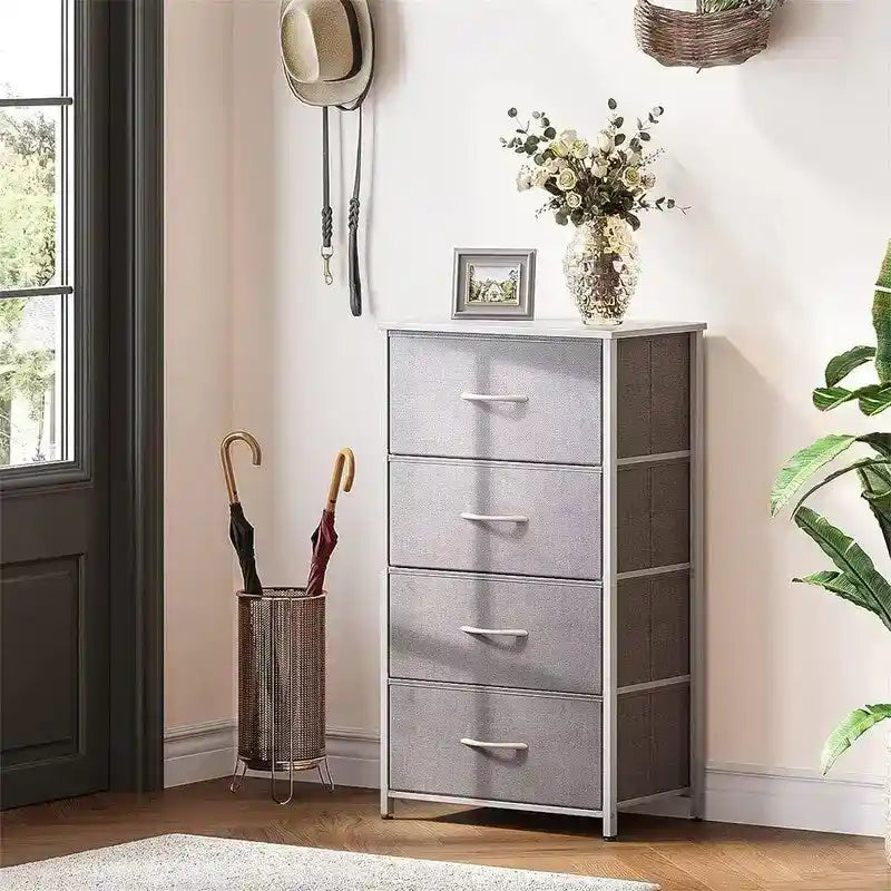 Small Fabric Dresser 15.74"W x 31.77"H - Narrow Chest of Drawers with Wooden Top, X-Crossbar Design & Adjustable Feet for Bedroom