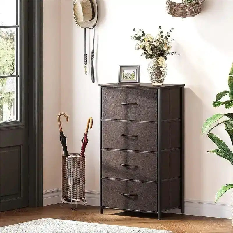 Small Fabric Dresser 15.74"W x 31.77"H - Narrow Chest of Drawers with Wooden Top, X-Crossbar Design & Adjustable Feet for Bedroom