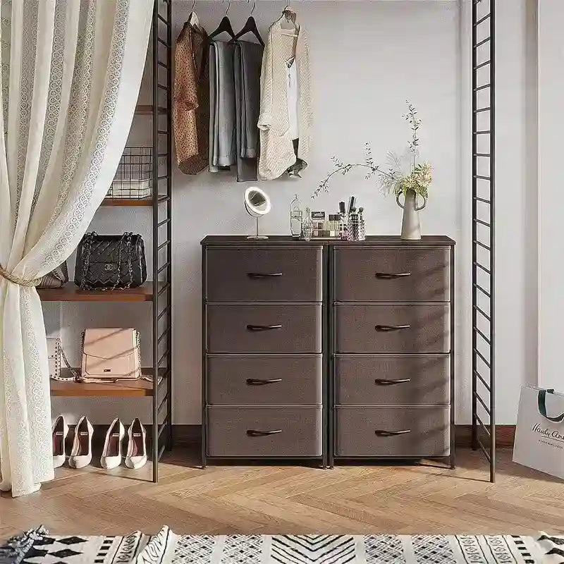 Small Fabric Dresser 15.74"W x 31.77"H - Narrow Chest of Drawers with Wooden Top, X-Crossbar Design & Adjustable Feet for Bedroom