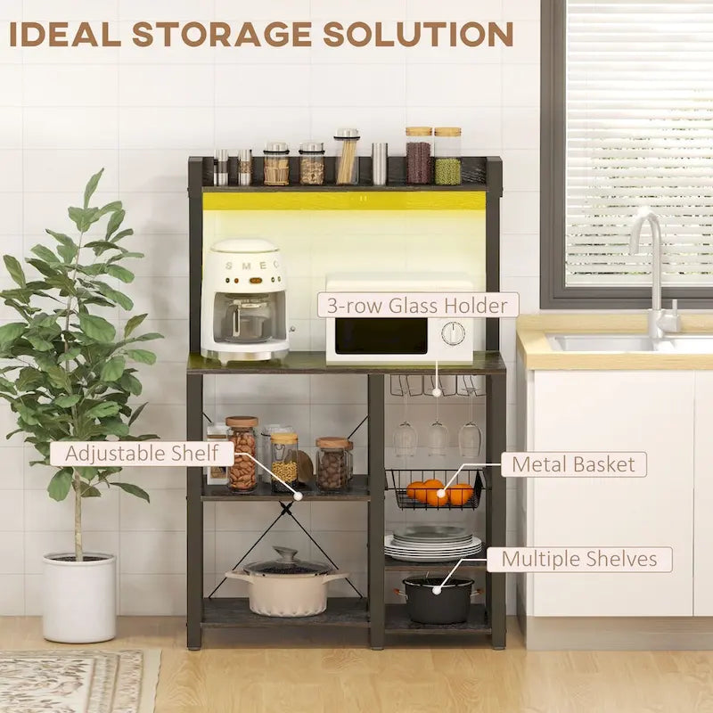 53.7"H Industrial Baker's Rack with RGB LED Lights Power Outlet 2 USB Ports Adjustable Shelves Wine Glass Holder 220lbs Kitchen Storage