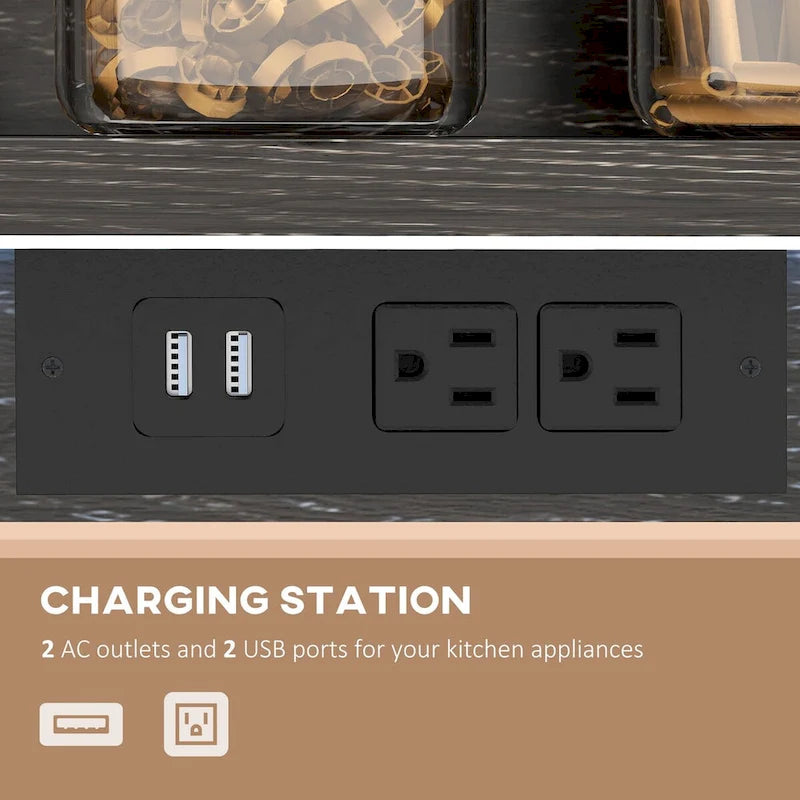 53.7"H Industrial Baker's Rack with RGB LED Lights Power Outlet 2 USB Ports Adjustable Shelves Wine Glass Holder 220lbs Kitchen Storage