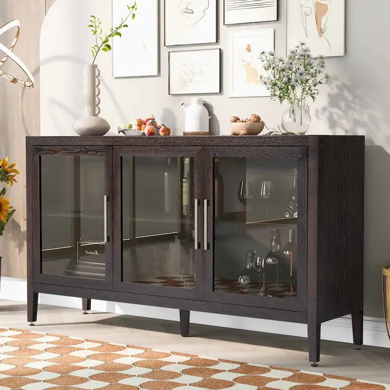 Display Cabinet 3 Tempered Glass Doors Adjustable Shelves Pine Legs 58.2"L x 33.9"H 220lb Capacity