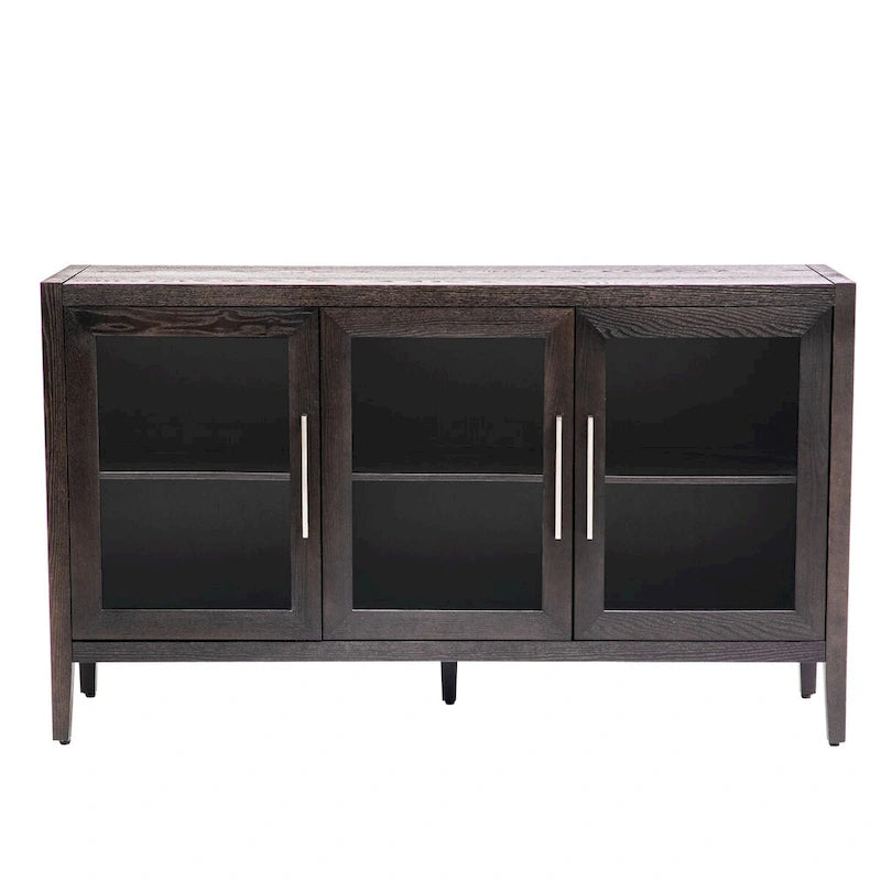 Display Cabinet 3 Tempered Glass Doors Adjustable Shelves Pine Legs 58.2"L x 33.9"H 220lb Capacity