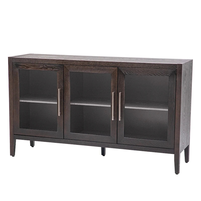 Display Cabinet 3 Tempered Glass Doors Adjustable Shelves Pine Legs 58.2"L x 33.9"H 220lb Capacity