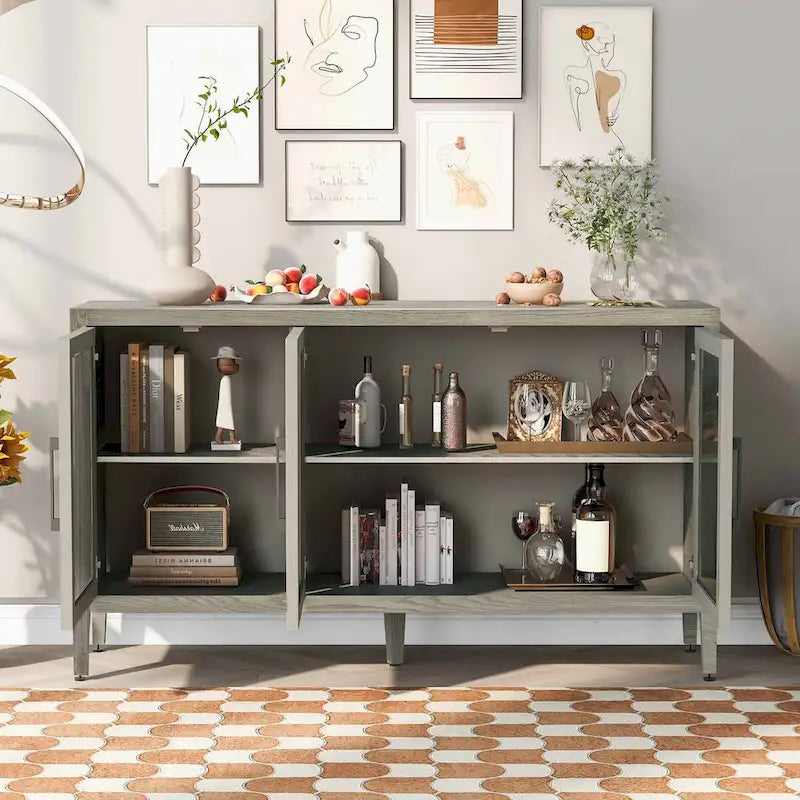 Display Cabinet 3 Tempered Glass Doors Adjustable Shelves Pine Legs 58.2"L x 33.9"H 220lb Capacity