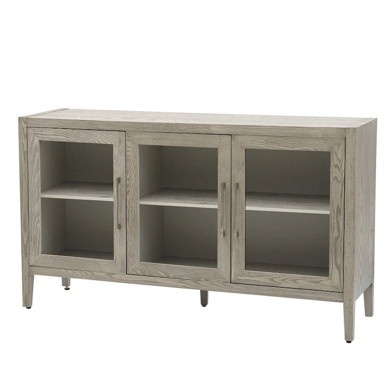 Display Cabinet 3 Tempered Glass Doors Adjustable Shelves Pine Legs 58.2"L x 33.9"H 220lb Capacity