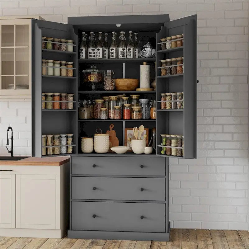 Tall Kitchen Pantry Cabinet 35"W x 77"H - Freestanding Storage with 3 Drawers, 8 Door Shelves & 3 Adjustable Shelves, 110lbs Capacity