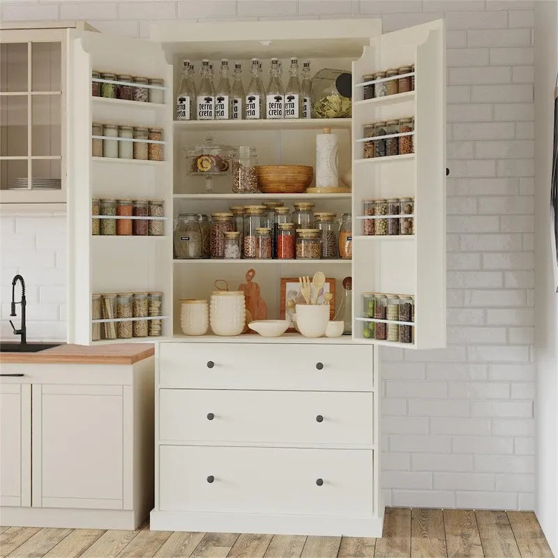 Tall Kitchen Pantry Cabinet 35"W x 77"H - Freestanding Storage with 3 Drawers, 8 Door Shelves & 3 Adjustable Shelves, 110lbs Capacity