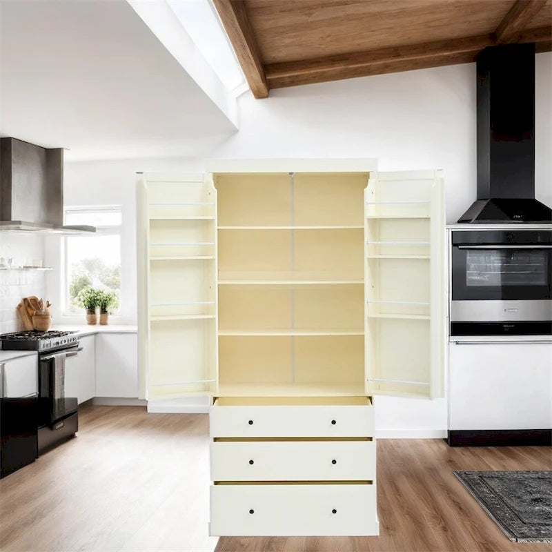 Tall Kitchen Pantry Cabinet 35"W x 77"H - Freestanding Storage with 3 Drawers, 8 Door Shelves & 3 Adjustable Shelves, 110lbs Capacity
