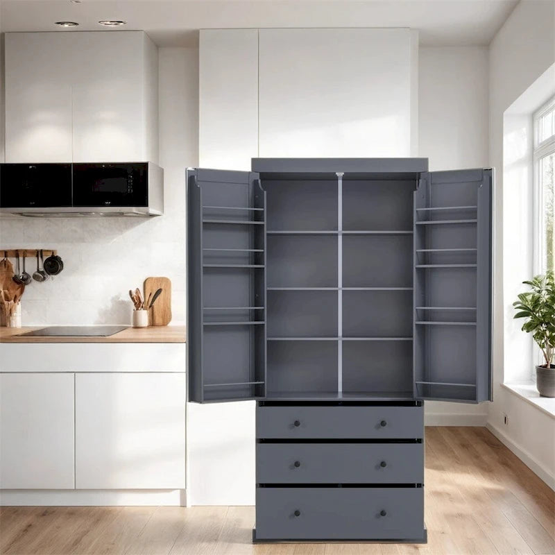 Tall Kitchen Pantry Cabinet 35"W x 77"H - Freestanding Storage with 3 Drawers, 8 Door Shelves & 3 Adjustable Shelves, 110lbs Capacity