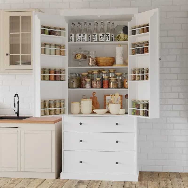 Tall Kitchen Pantry Cabinet 35"W x 77"H - Freestanding Storage with 3 Drawers, 8 Door Shelves & 3 Adjustable Shelves, 110lbs Capacity