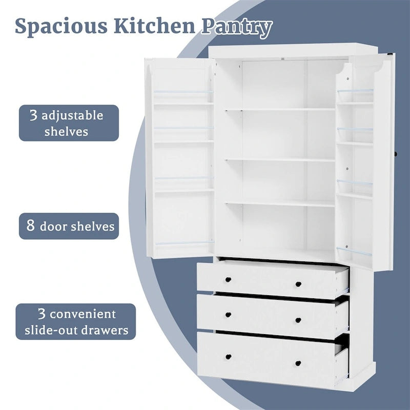 Tall Kitchen Pantry Cabinet 35"W x 77"H - Freestanding Storage with 3 Drawers, 8 Door Shelves & 3 Adjustable Shelves, 110lbs Capacity