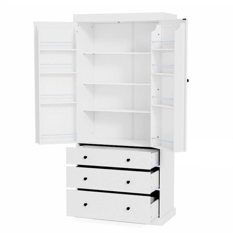 Tall Kitchen Pantry Cabinet 35"W x 77"H - Freestanding Storage with 3 Drawers, 8 Door Shelves & 3 Adjustable Shelves, 110lbs Capacity