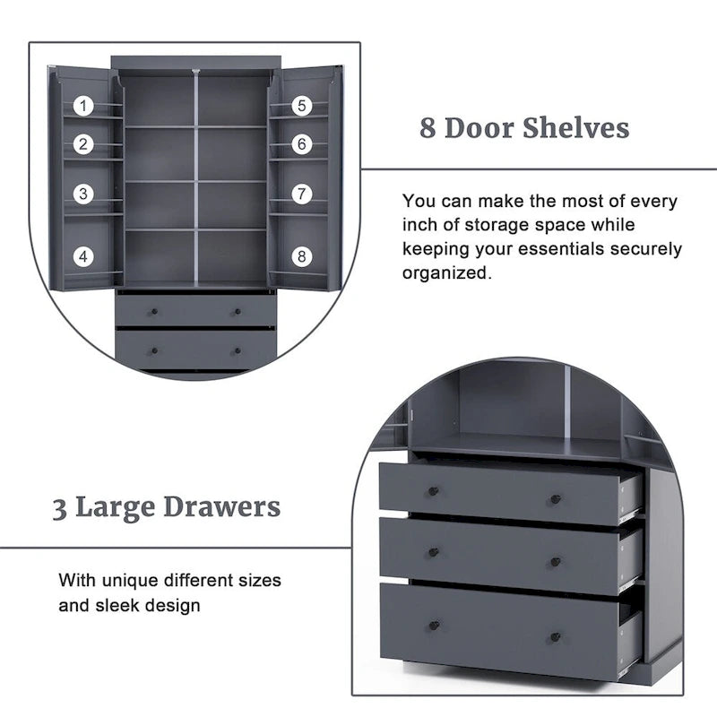 Tall Kitchen Pantry Cabinet 35"W x 77"H - Freestanding Storage with 3 Drawers, 8 Door Shelves & 3 Adjustable Shelves, 110lbs Capacity