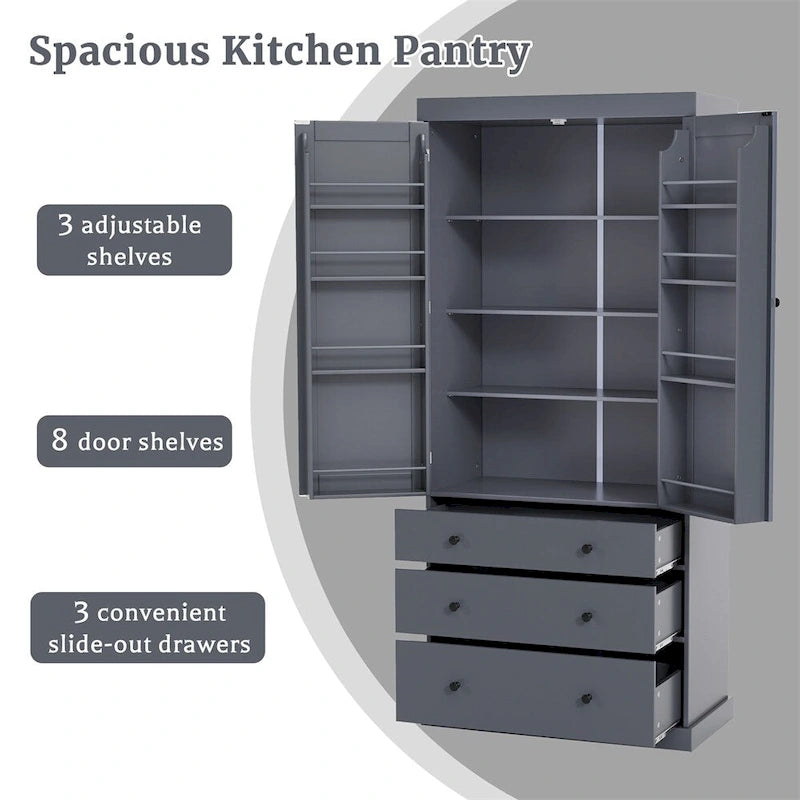 Tall Kitchen Pantry Cabinet 35"W x 77"H - Freestanding Storage with 3 Drawers, 8 Door Shelves & 3 Adjustable Shelves, 110lbs Capacity