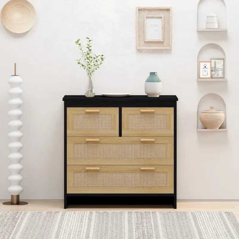 6-Drawer Rattan Storage Dresser - Natural Woven Cabinet with Smooth Glide Rails, Anti-Tip Device - Bedroom Living Room Organizer, 50 lb Top