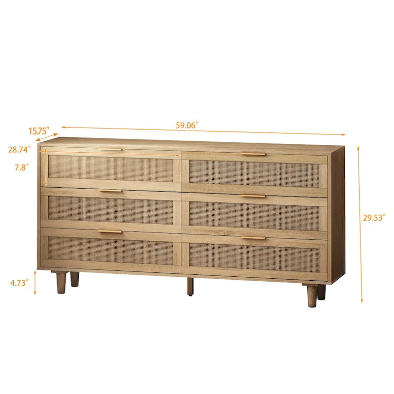 6-Drawer Rattan Storage Dresser - Natural Woven Cabinet with Smooth Glide Rails, Anti-Tip Device - Bedroom Living Room Organizer, 50 lb Top