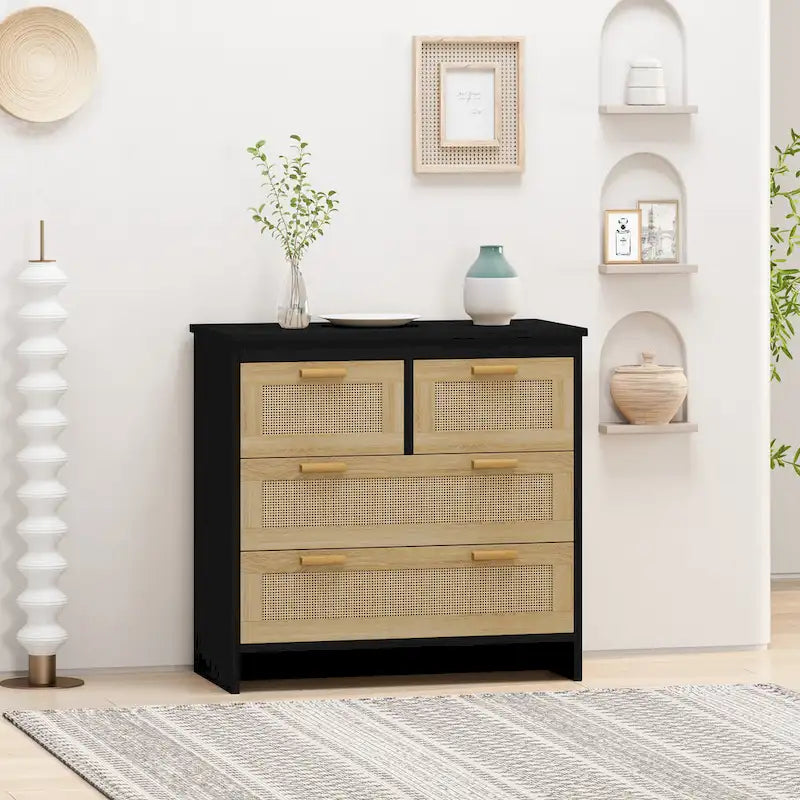 6-Drawer Rattan Storage Dresser - Natural Woven Cabinet with Smooth Glide Rails, Anti-Tip Device - Bedroom Living Room Organizer, 50 lb Top