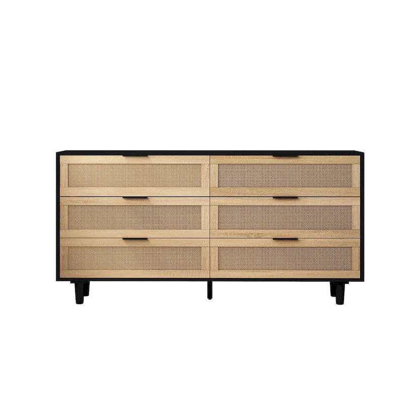 6-Drawer Rattan Storage Dresser - Natural Woven Cabinet with Smooth Glide Rails, Anti-Tip Device - Bedroom Living Room Organizer, 50 lb Top