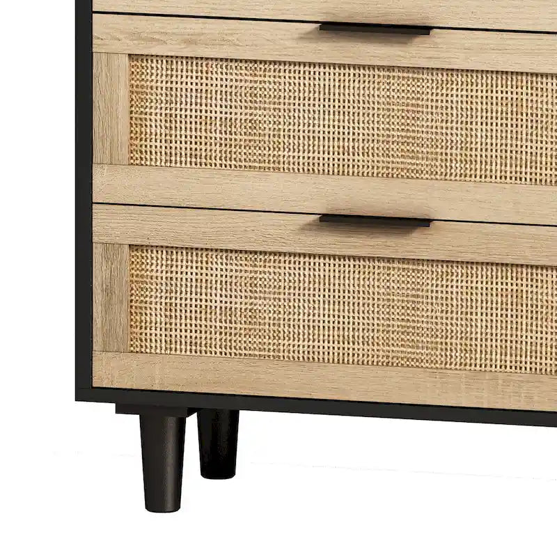6-Drawer Rattan Storage Dresser - Natural Woven Cabinet with Smooth Glide Rails, Anti-Tip Device - Bedroom Living Room Organizer, 50 lb Top