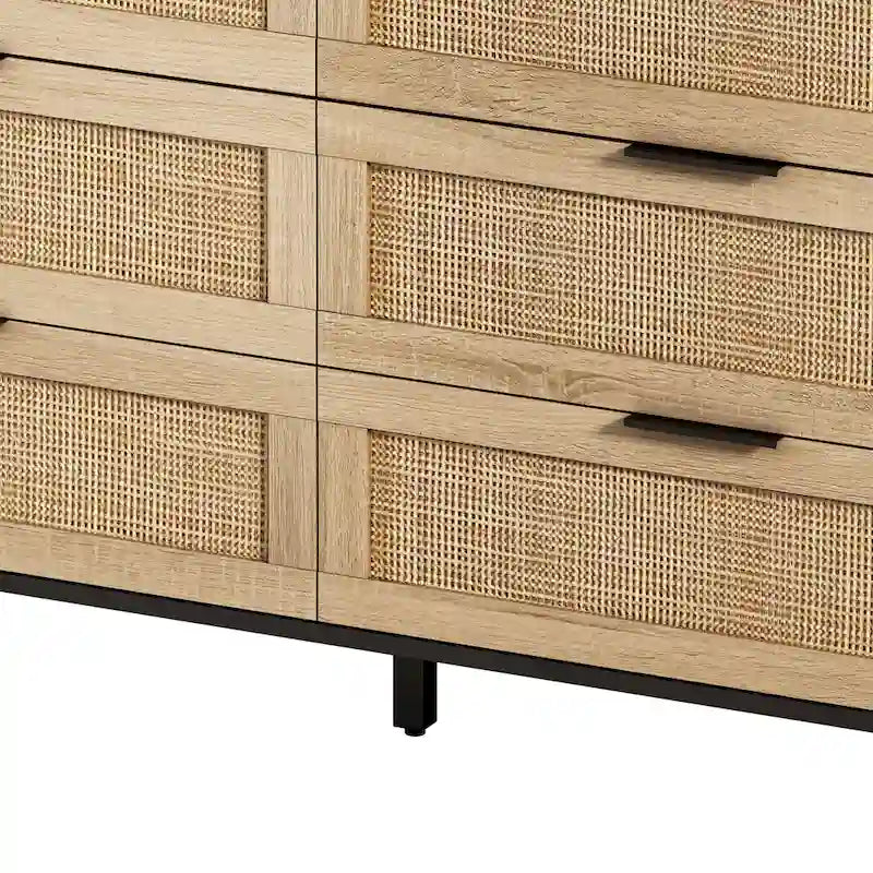 6-Drawer Rattan Storage Dresser - Natural Woven Cabinet with Smooth Glide Rails, Anti-Tip Device - Bedroom Living Room Organizer, 50 lb Top