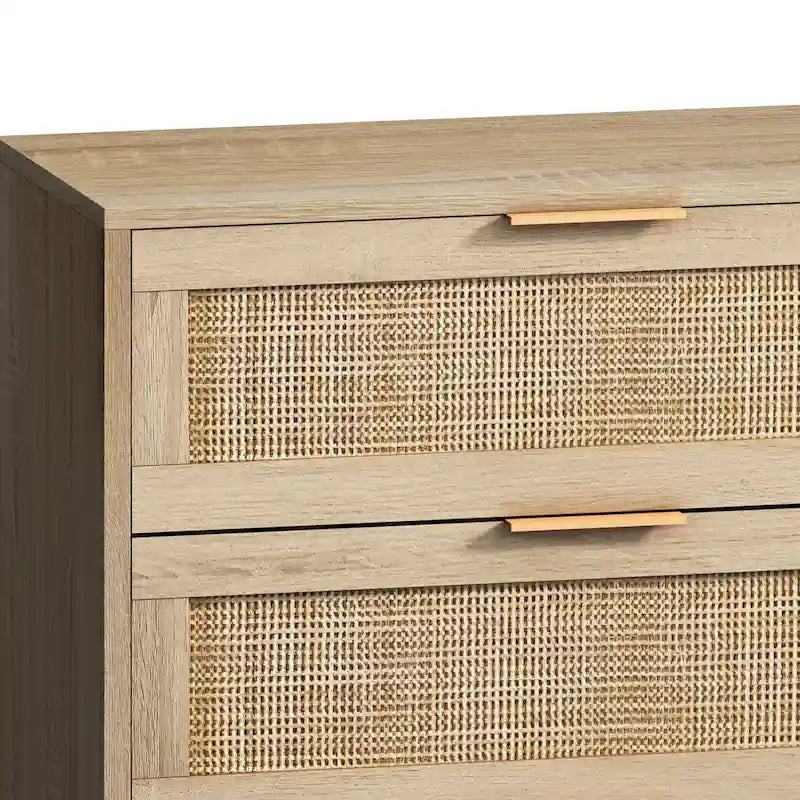 6-Drawer Rattan Storage Dresser - Natural Woven Cabinet with Smooth Glide Rails, Anti-Tip Device - Bedroom Living Room Organizer, 50 lb Top