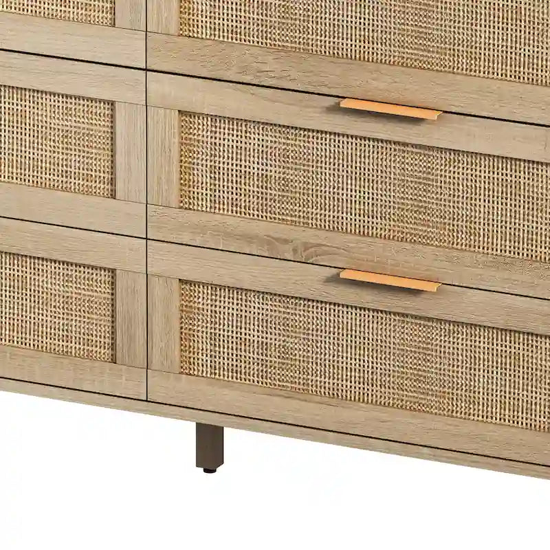 6-Drawer Rattan Storage Dresser - Natural Woven Cabinet with Smooth Glide Rails, Anti-Tip Device - Bedroom Living Room Organizer, 50 lb Top