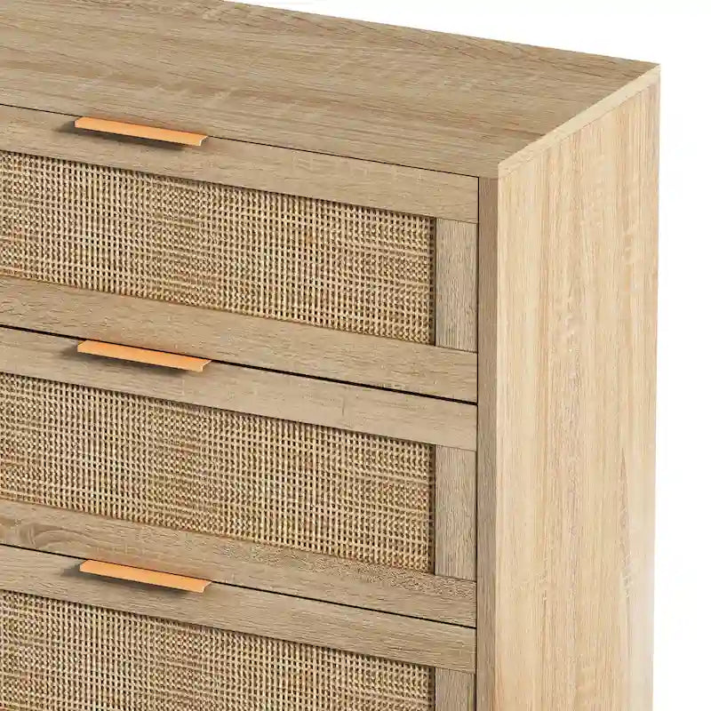 6-Drawer Rattan Storage Dresser - Natural Woven Cabinet with Smooth Glide Rails, Anti-Tip Device - Bedroom Living Room Organizer, 50 lb Top