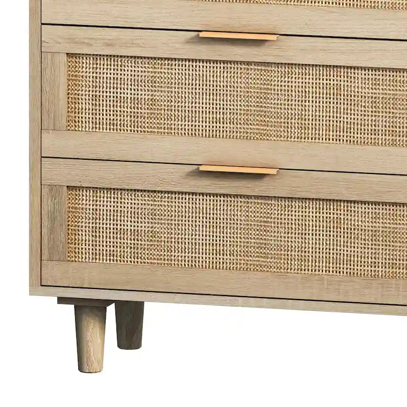 6-Drawer Rattan Storage Dresser - Natural Woven Cabinet with Smooth Glide Rails, Anti-Tip Device - Bedroom Living Room Organizer, 50 lb Top