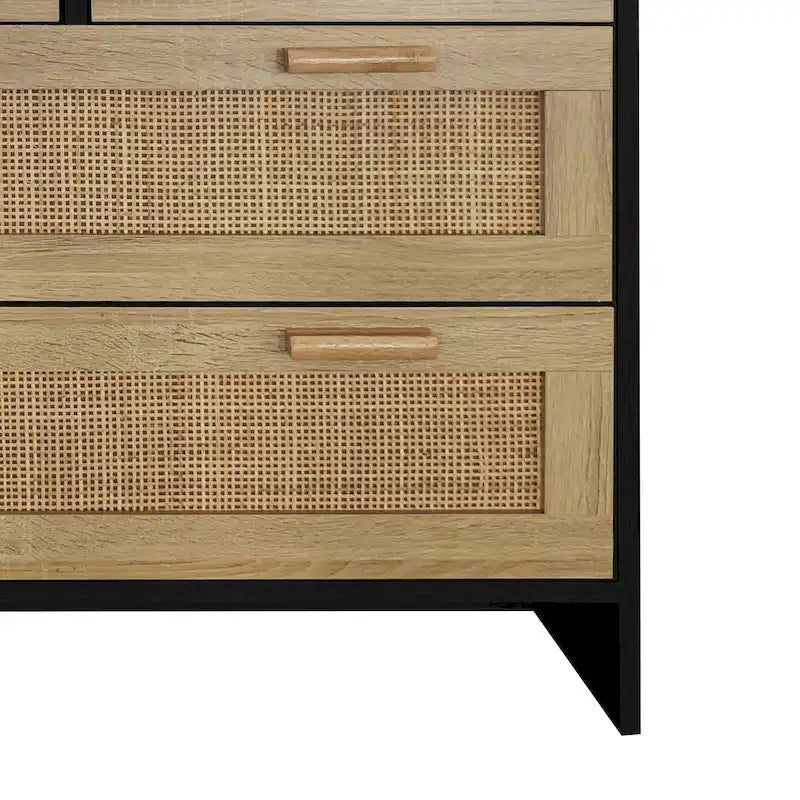 6-Drawer Rattan Storage Dresser - Natural Woven Cabinet with Smooth Glide Rails, Anti-Tip Device - Bedroom Living Room Organizer, 50 lb Top