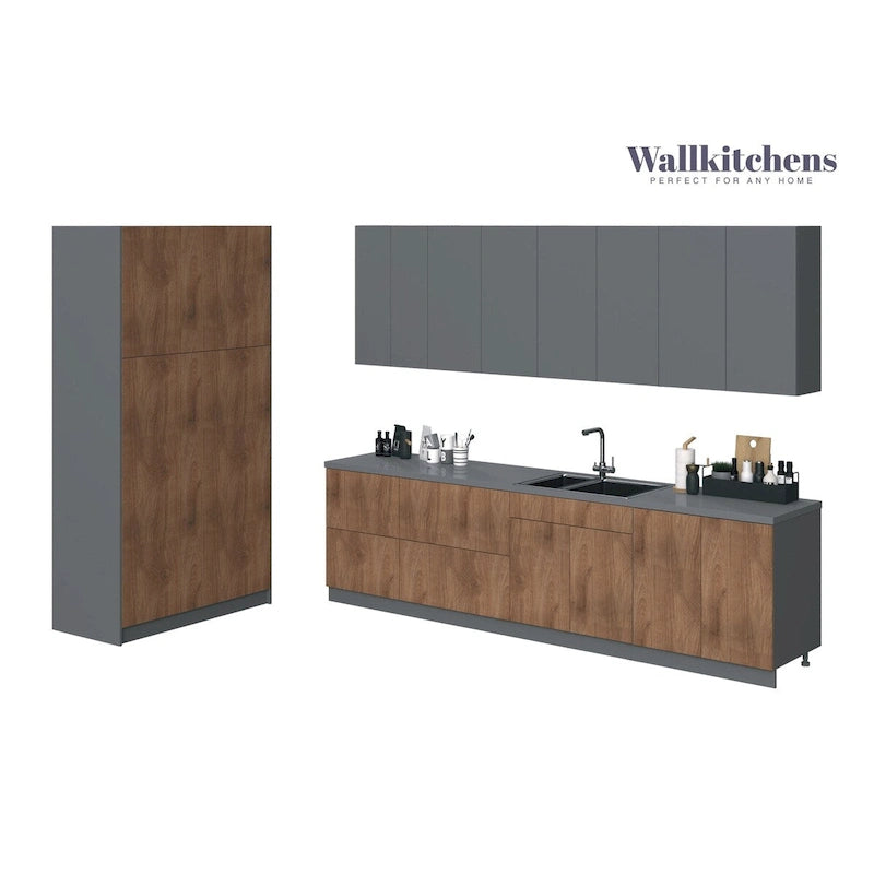 Modern Kitchen Cabinet Set 10ft Natural Teak Black Soft-Close Adjustable Shelves European Crafted