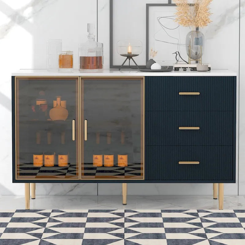 Modern Sideboard Buffet Cabinet - 3 Drawers, Glass Doors, Adjustable Shelves, Gold Metal Legs, 133 LBS Capacity