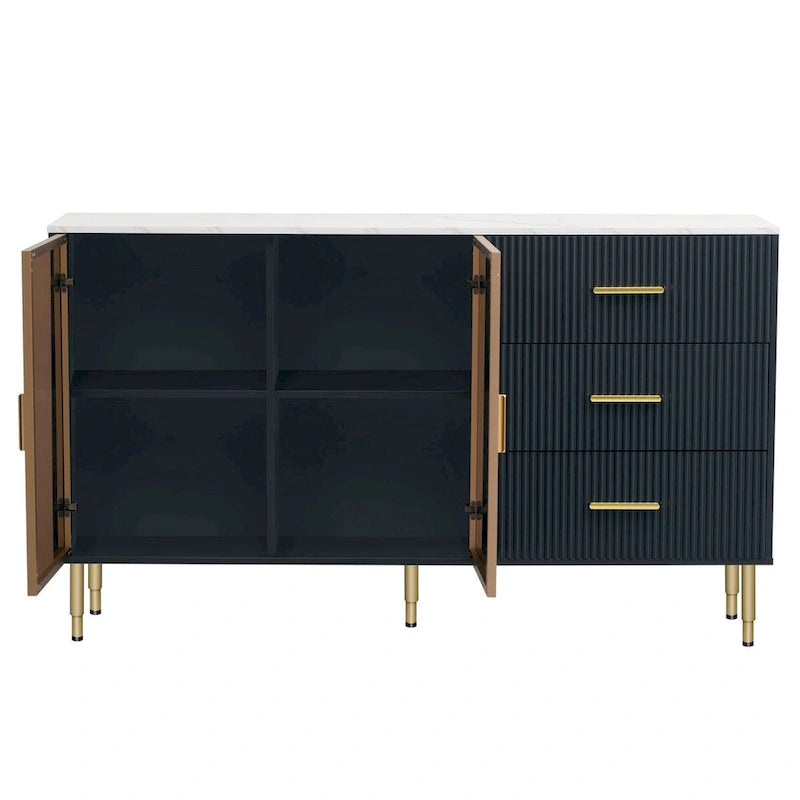 Modern Sideboard Buffet Cabinet - 3 Drawers, Glass Doors, Adjustable Shelves, Gold Metal Legs, 133 LBS Capacity