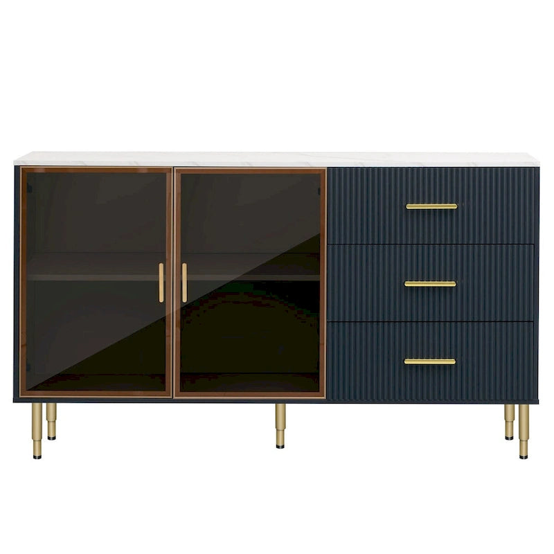 Modern Sideboard Buffet Cabinet - 3 Drawers, Glass Doors, Adjustable Shelves, Gold Metal Legs, 133 LBS Capacity