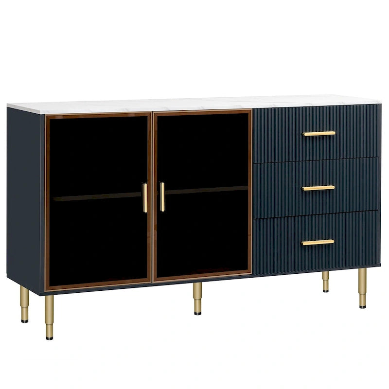 Modern Sideboard Buffet Cabinet - 3 Drawers, Glass Doors, Adjustable Shelves, Gold Metal Legs, 133 LBS Capacity
