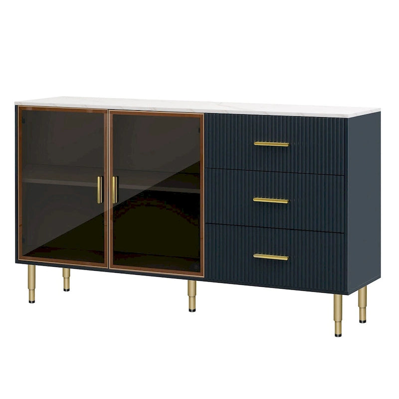 Modern Sideboard Buffet Cabinet - 3 Drawers, Glass Doors, Adjustable Shelves, Gold Metal Legs, 133 LBS Capacity