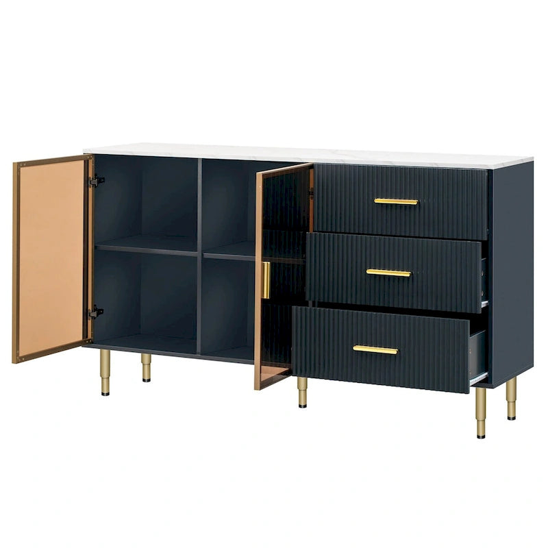 Modern Sideboard Buffet Cabinet - 3 Drawers, Glass Doors, Adjustable Shelves, Gold Metal Legs, 133 LBS Capacity